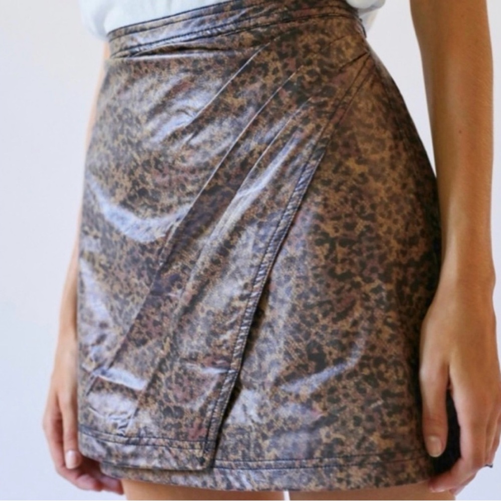 Brown Leopard Print Faux Leather Wrap Mini Skirt